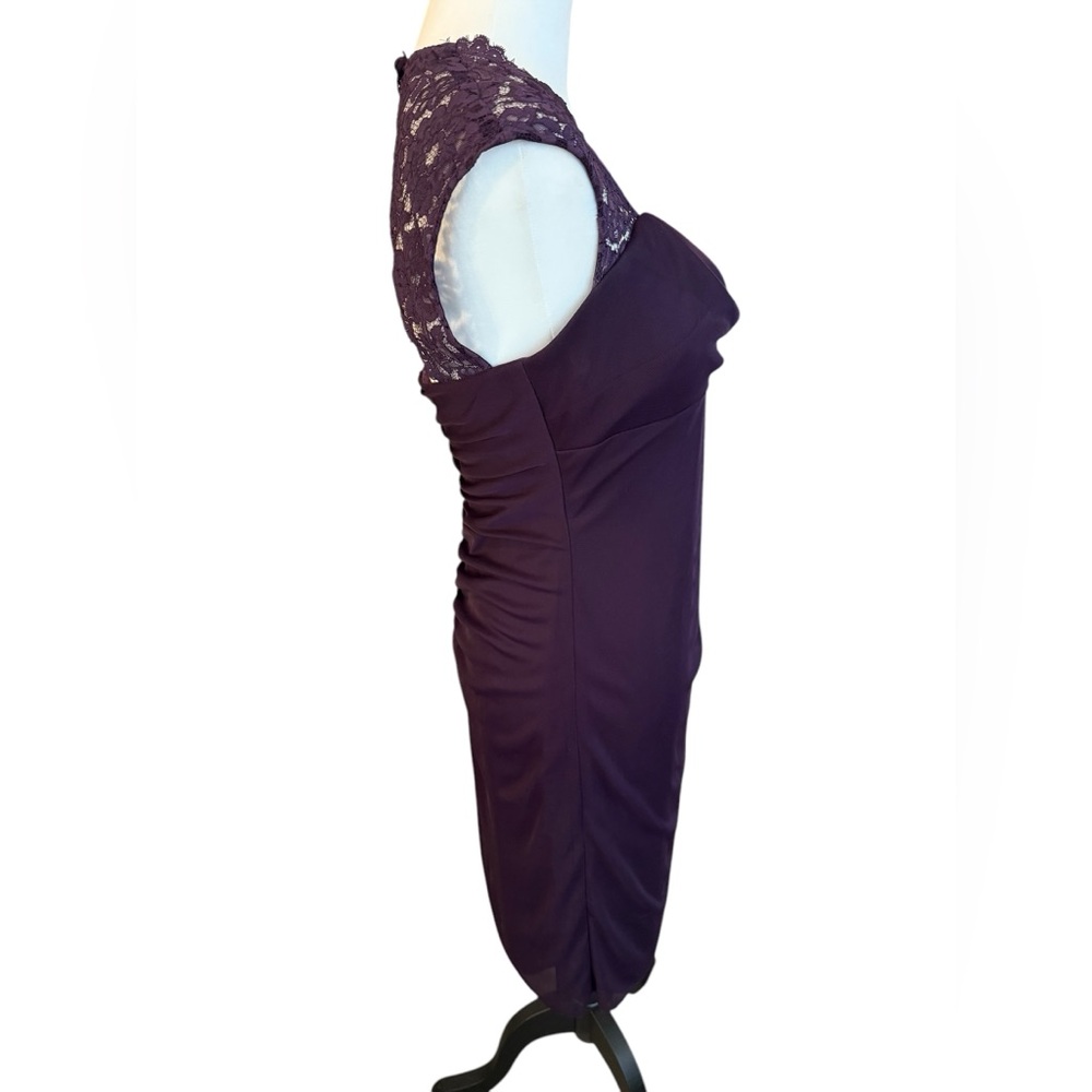 Xscape Ruched Dress Purple Size 10 lace cap sleeve fully lined drape chest - Picture 4 of 12